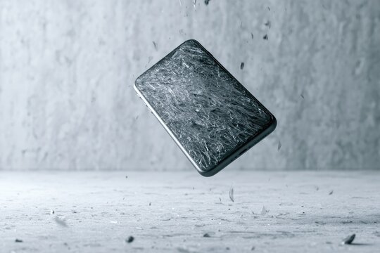 A smartphone with a shattered screen tumbles, fragments flying, against a textured wall