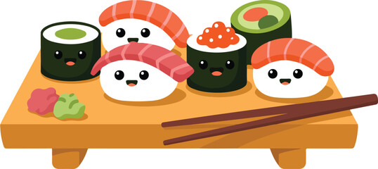 Fototapeta premium Cute Sushi Characters Cartoon Vector Illustration