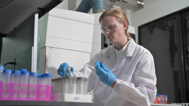 Scientist in protective gear conducts experiment with test tubes in a laboratory setting