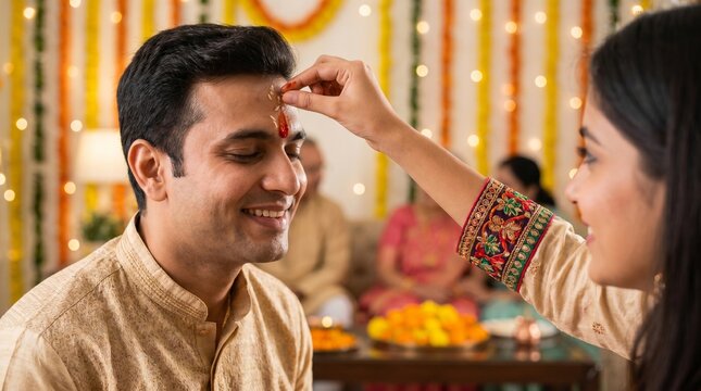 Indian sister applying traditional red tilak and rice on her brother's forehead during Raksha Bandhan festival celebration at home, happy family in blurred background, cultural ritual and sibling bond