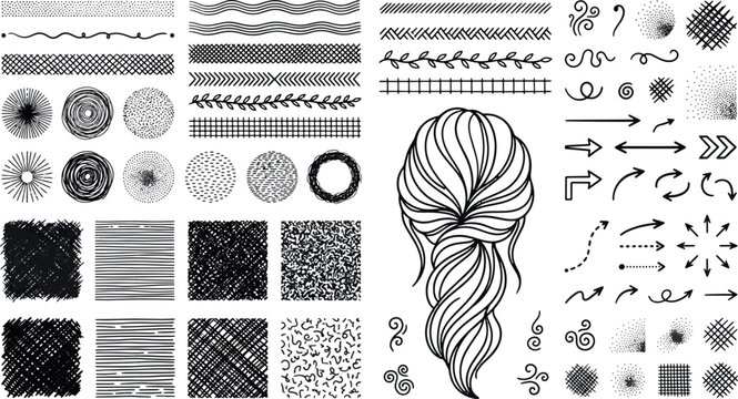 Hand drawn black ink design elements with doodle dividers arrows textured squares circles and beautiful braided hairstyle vector illustration