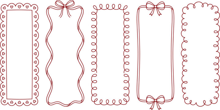 Elegant red hand drawn vertical border frames collection with cute ribbon bows and curly wavy lace lines vector illustration