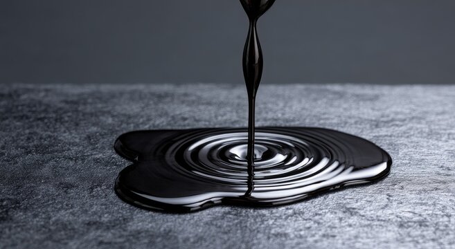 Thick, viscous dark liquid creating ripples as it flows onto a textured surface