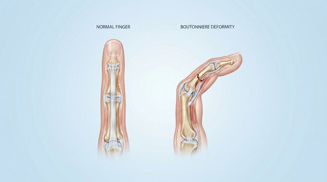 Finger anatomy comparison healthy joint versus boutonniere deformity