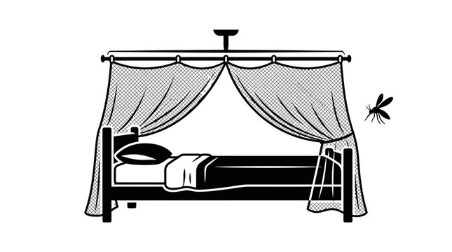 A black and white illustration of a bed with a mosquito net and a flying insect.
