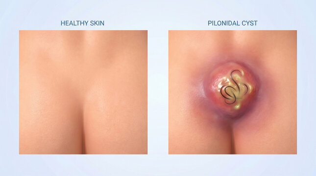 Medical illustration comparing healthy skin and pilonidal cyst infection