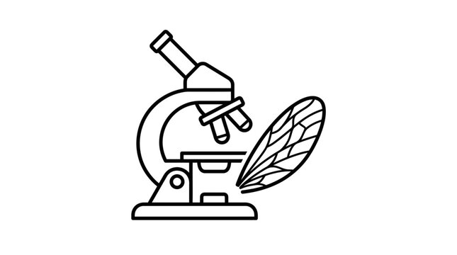 A black and white line art illustration of a microscope examining an insect wing.
