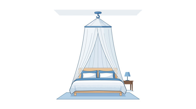 A cozy bedroom scene featuring a bed with a hanging canopy and a bedside table.