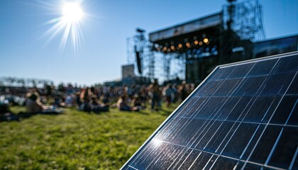 Fototapeta premium Solar panel in foreground, bright sun and blurred outdoor concert crowd background