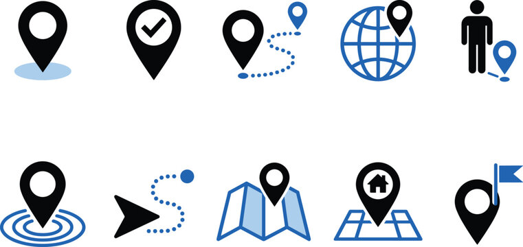 Collection of ten various location and map related icons in black and blue vector graphic symbols.