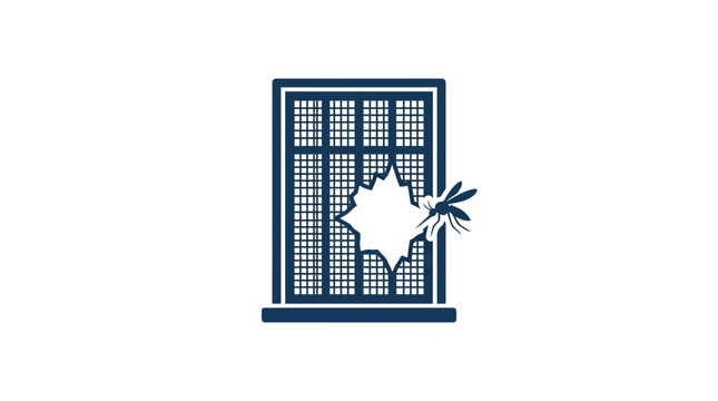 A stylized icon of a mosquito breaking through a window screen mesh.