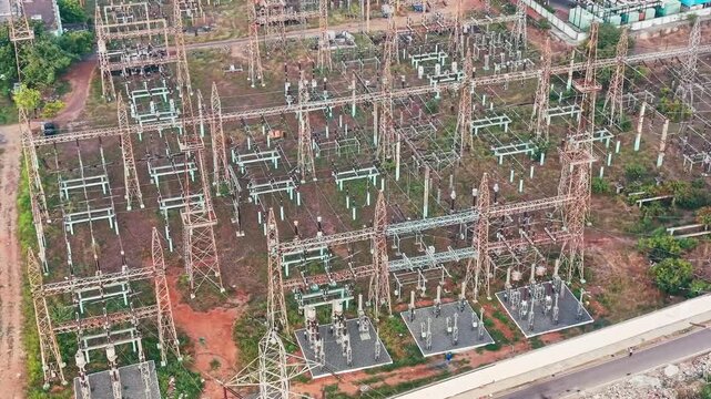 Electrical Power Substation And High Voltage Transmission Infrastructure Aerial View
