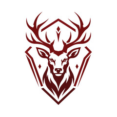Fototapeta premium Stylized red deer head logo illustration with antlers inside a sharp geometric diamond shield frame geometric wildlife cervidae minimalist identity strength majestic portrait illustration