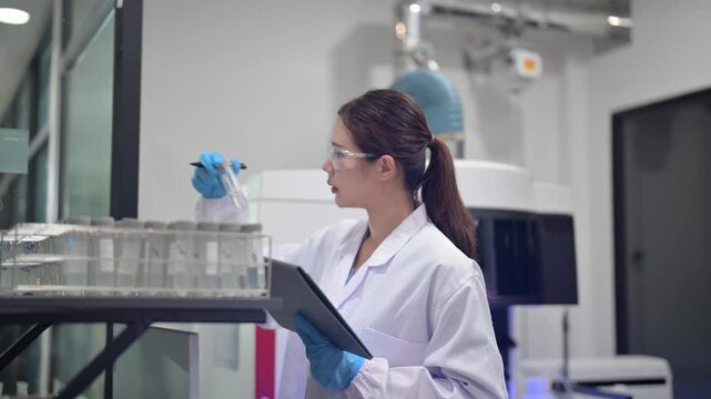 Scientist in lab coat and gloves examines samples while using a tablet