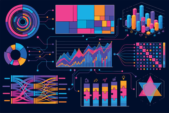 Modern Infographic Dashboard Template with Pie Charts Bar Graphs and Data Analytics Visualization Elements. Infographic with graph and chart on abstract background