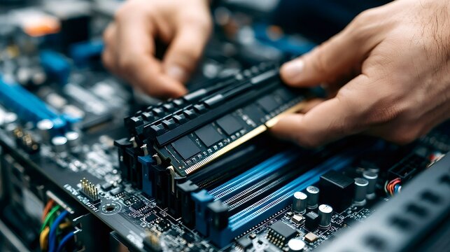 Technician installing ram memory module on computer motherboard