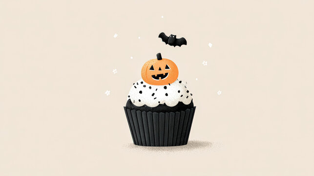 Halloween cupcake decorated with pumpkin and bat