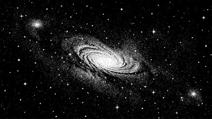 Galaxy space background with spiral nebula and star cluster. Abstract stipple art illustration in black and white style. Celestial cosmic night sky wallpaper design concept art. © Shells