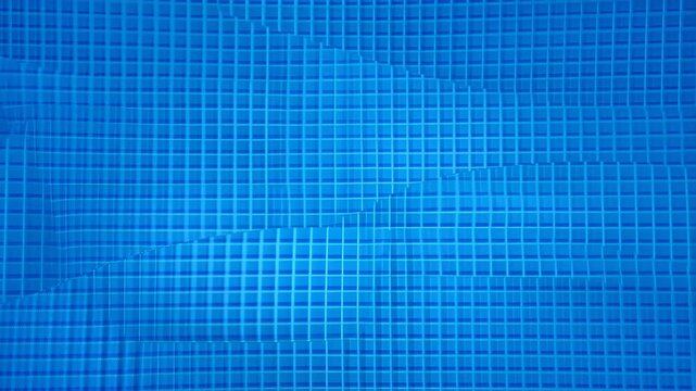 Dynamic blue geometric patterns in motion on urban glass facade