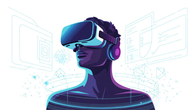 Person wearing virtual reality headset with futuristic digital interface background Vector