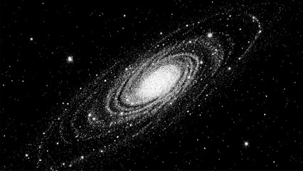 Spiral galaxy against deep space background. Cosmic star field with stipple dot texture artistic illustration. Astronomy concept for universe exploration, science fiction and celestial art. © Shells