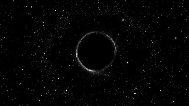 Black hole in deep space with stipple effect. Glowing nebula ring around a dark singular point. Cosmic dot work vector illustration of gravity and interstellar galaxy atmosphere.