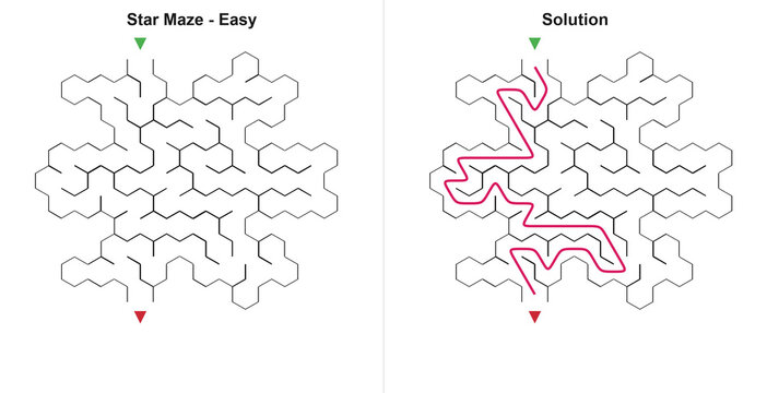 Kids star shaped easy hexagon maze and solved path in minimalist vector style, black and magenta colors, educational logic game worksheet used for cognitive development with copy space