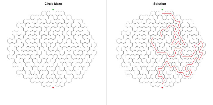 Complex circle maze board and answered path in flat line drawing style, dark and crimson tones, difficult intelligence evaluation tasksheet used for mental exercise with copy space