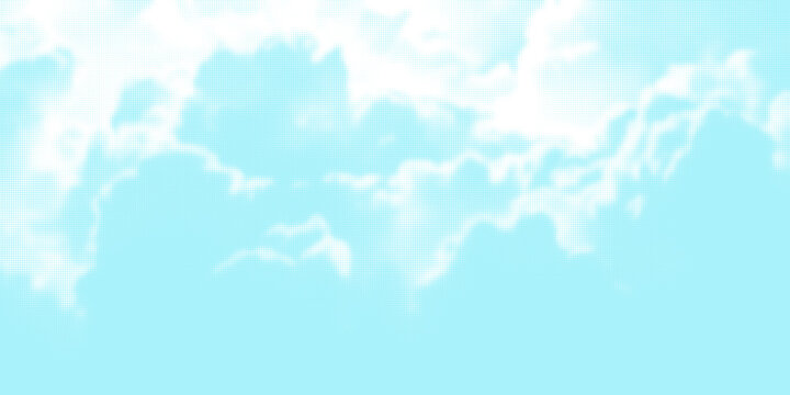 Dotted comic cloud background. White halftone clouds in blue sky. Pop art heaven wallpaper for banner, brochure, collage, poster, leaflet. Pixelated smoke, smog or fog texture. Vector illustration