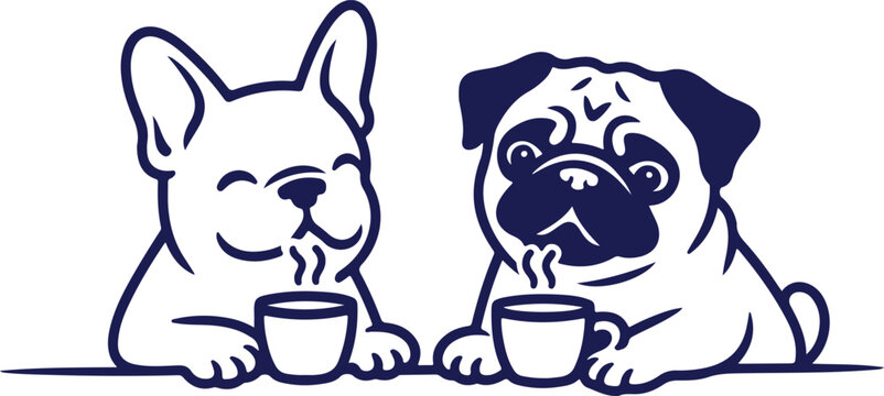 Cute french bulldog and pug sitting together while drinking hot coffee from small ceramic cups