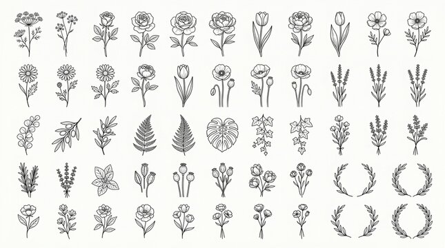 Minimalist botanical line art collection, 50 floral icons and leaf illustrations, elegant black ink flower sketches for wedding stationery