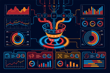 Obraz premium Real-Time Business Performance Dashboard with AI Analytics and Data Science. Infographic with graph and chart on abstract background