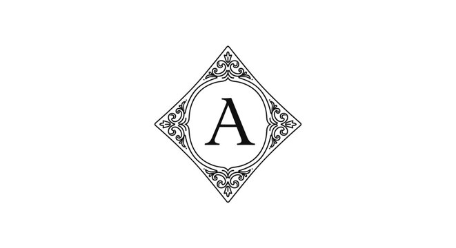 Elegant monogram of the letter A enclosed within a decorative diamond-shaped frame featuring intricate floral and scroll patterns.