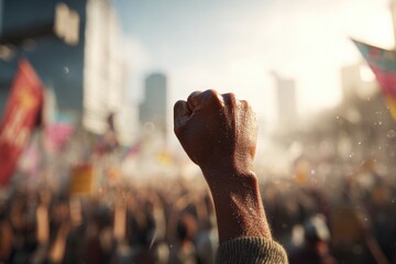 Close-up of a determined raised fist amidst a crowded street demonstration and banners