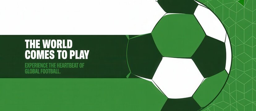 Green and white soccer ball illustration with the world comes to play text on a geometric background