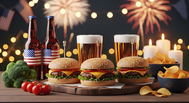 Festive fourth of july celebration with burgers beer and american flags in a warm setting