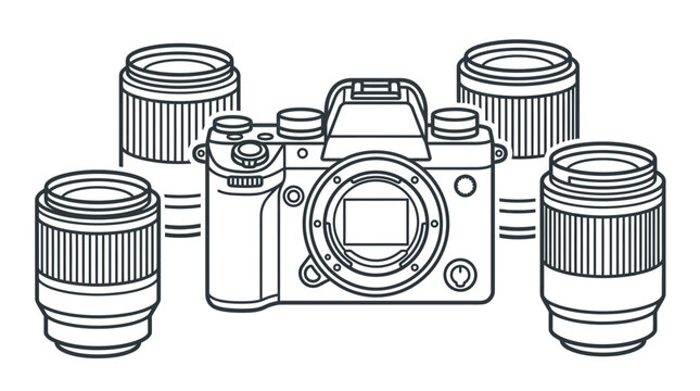 A line art illustration of a professional mirrorless camera surrounded by three interchangeable lenses.