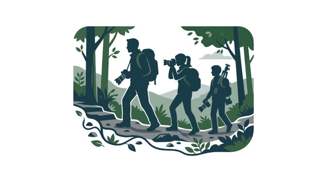 Three hikers with cameras walking through a forest trail.