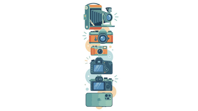 A vertical collection of various camera models illustrating the evolution of photography.