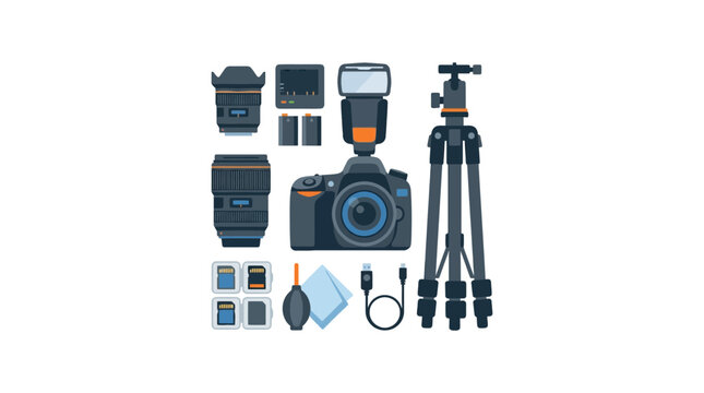 A comprehensive photography equipment kit featuring a camera lens tripod and accessories.