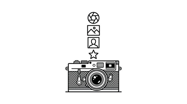 A detailed line art illustration of a vintage camera with floating icons above it.