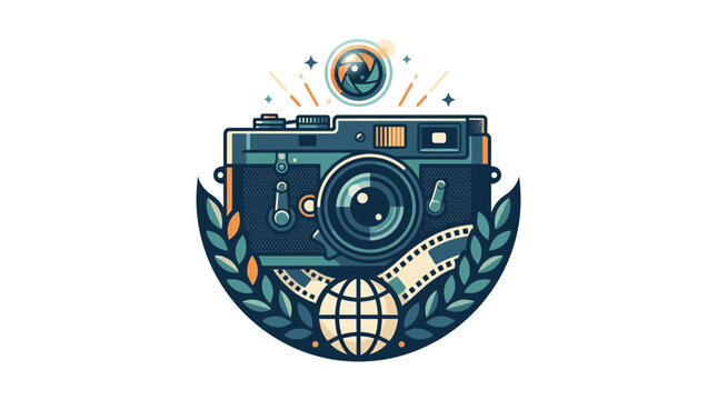 A vintage camera illustration surrounded by laurel leaves and a globe icon.