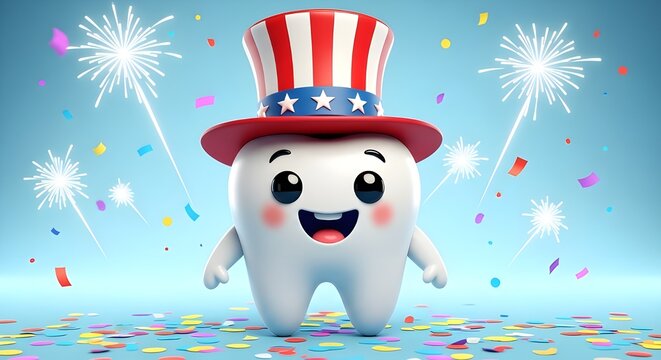 Festive cartoon tooth character wearing uncle sam hat with fireworks celebrating patriotic american holidays