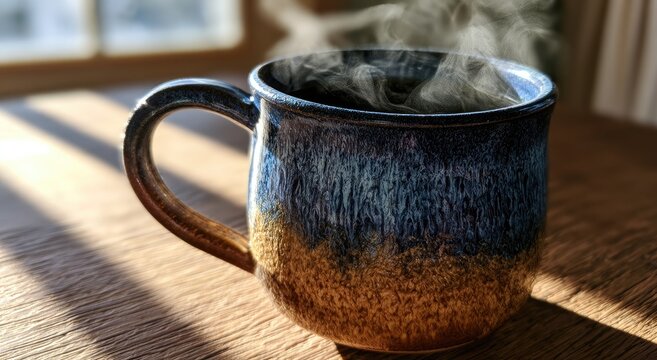 Steaming mug of dark liquid on textured wood surface, sunlit