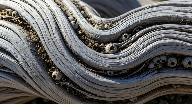 Close-up of weathered driftwood with barnacles on a beach, showing natural textures and patterns