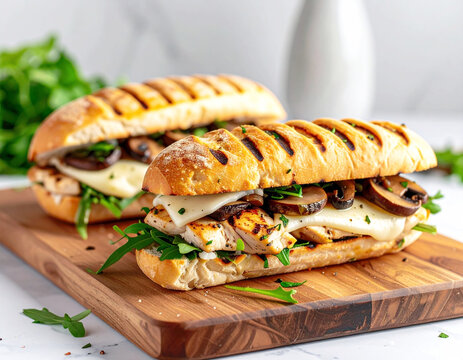 Portabella and mozzarella chicken panini, wooden board. AI