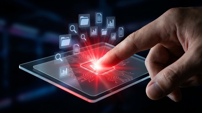 Finger touches glowing AI chip on futuristic tablet with data icons, digital transformation concept.