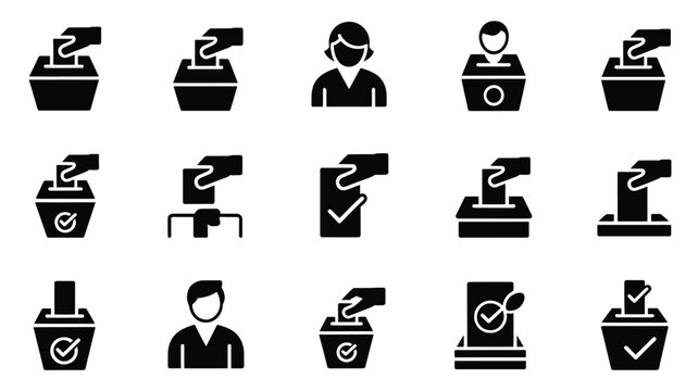 Set of 15 Black Glyph Style Election and Voting Vector Icons