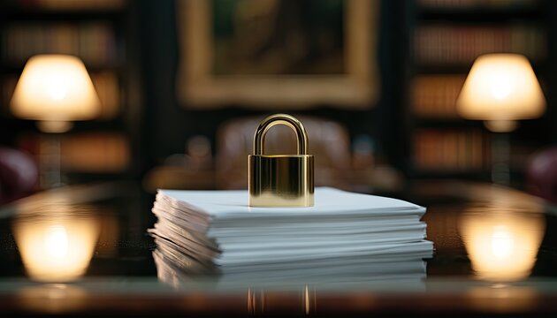 Golden padlock secures stack of documents in dimly lit, ornate library