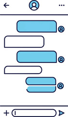 Fototapeta premium Minimalist generic chat messenger mobile app UI wireframe, flat vector screen layout with empty text bubbles for UX design, communication technology and social media mockup